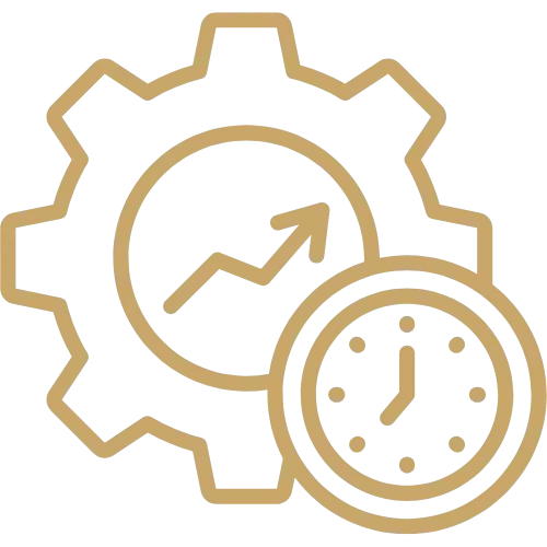 Icon eines goldenen Zahnrads mit einer goldenen Uhre rechts unten.