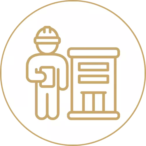 Icon eines goldenen Haus und daneben steht ein goldenes Männchen mit einem Brett in der Hand.